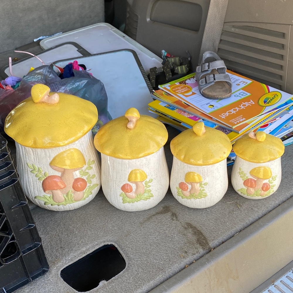 Vintage Mushroom Canister Set with Yellow Lids